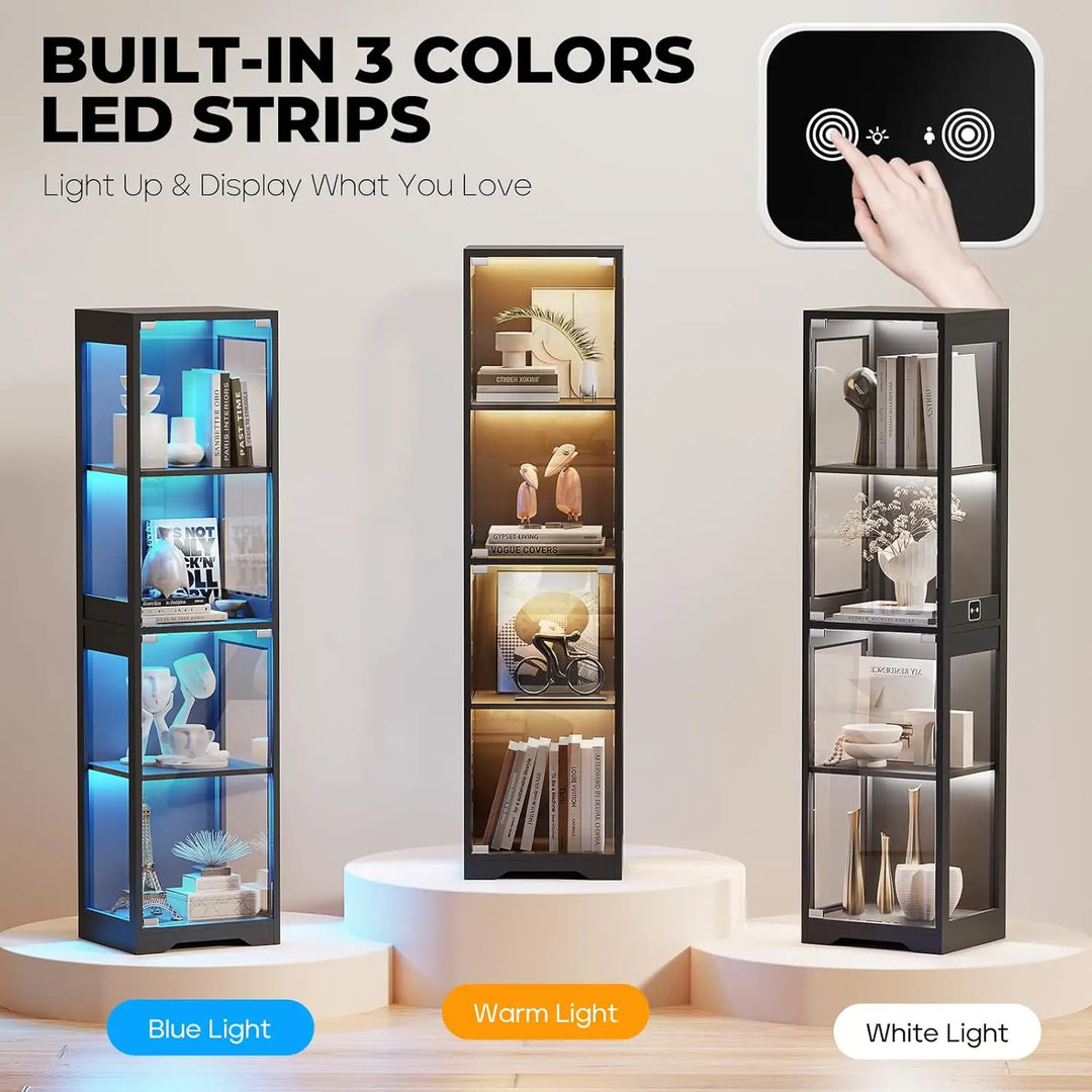 4-Tier Curio Glass Display Cabinet with 3 Color Lights